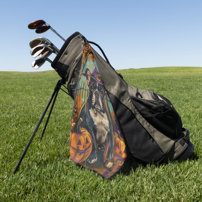 Toalla De Golf Tocante Bulldog francés Halloween Bruja Y Calabaza (Verde)