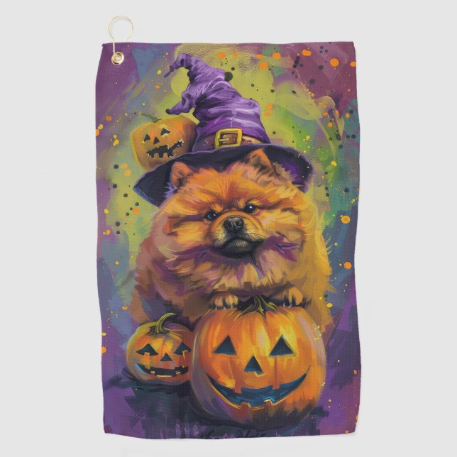 Toalla De Golf Tocante Chow Chow Perro Halloween Bruja Y Calabaza (Anverso)