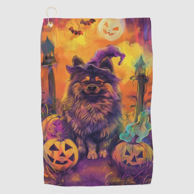 Toalla De Golf Tocante Perro Keeshond Halloween Bruja Y Calabaza (Anverso)