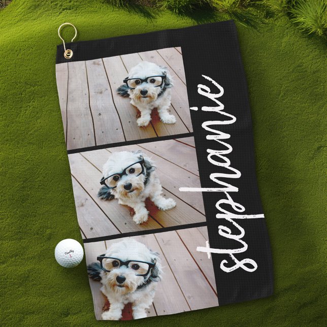 Toalla De Golf Trendy 3 Fotos negro - blanco moderno nombre de es (Personalized Golf Towel with Photos and Text)