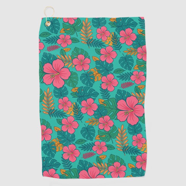 Toalla De Golf Tropical Hibiscus and Palm Leaf Pattern  (Anverso)