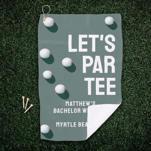 Toalla De Golf Viaje de Golf de Despedida de Soltero Personalizad (Gray Golf towel with Large typography reading LET'S PAR TEE and custom text for your bachelor party)