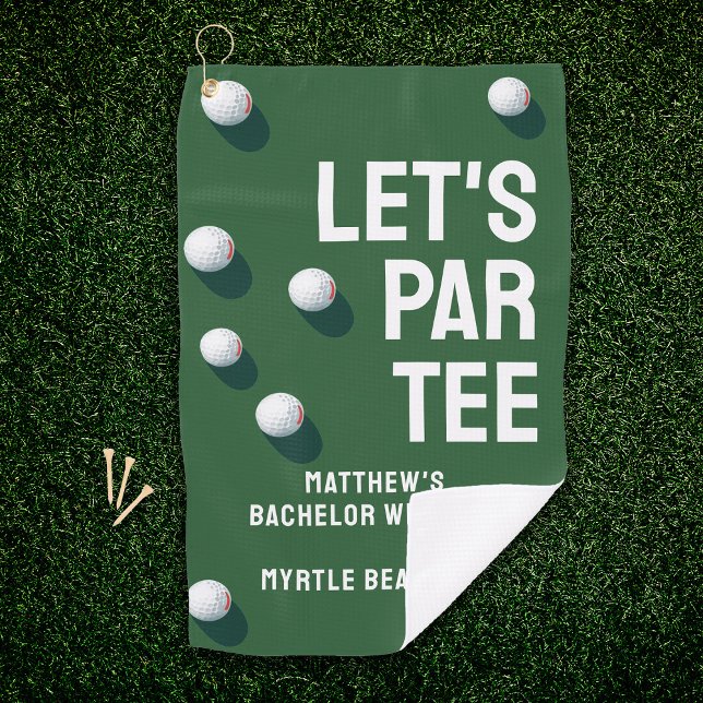 Toalla De Golf Viaje de Golf de Despedida de Soltero Personalizad (Green Golf towel with Large typography reading LET'S PAR TEE and custom text for your bachelor party)