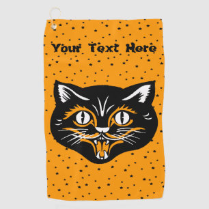 Toalla De Golf Vintage Halloween Black Cat Face Stars Naranja