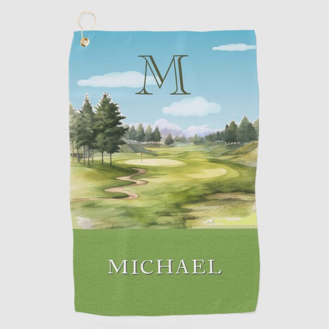 Toalla De Golf Watercolor Golf Course Monogram Name (Anverso)
