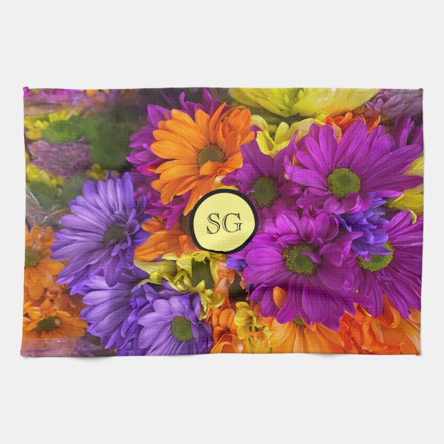Toalla de manga de tela floral brillante monograma (Horizontal)