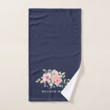 Toalla de mano azul marino con acuarela floral