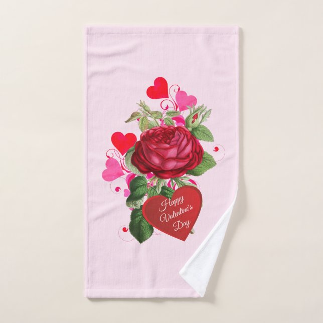 Toalla de mano con corazones y rosa roja para el D (Toalla de mano)