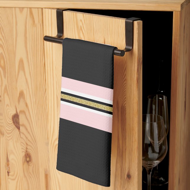 Toalla de mano de cocina rosa rayada oro blanco ne (Pliegue de tercios)