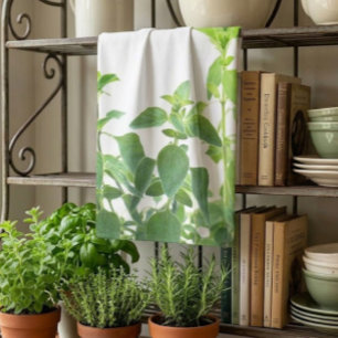 Toalla de mano de cocina verde y blanca con hierba
