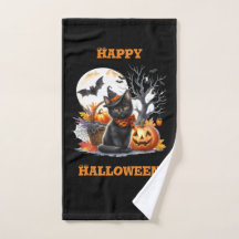 Toalla de mano de gato de Halloween feliz y Jack O
