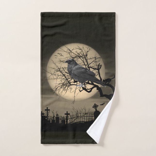 Toalla de mano de Halloween con cuervo en cementer (Toalla de mano)