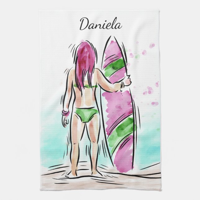 Toalla de mano de nombre de Chica de surfista (Vertical)