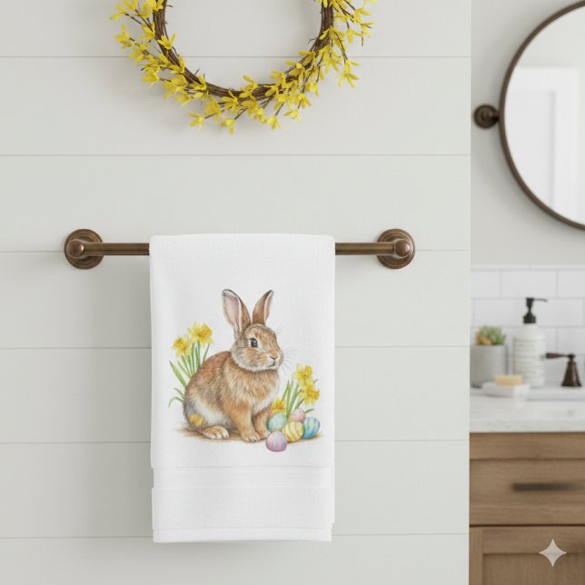 Toalla de manos de conejo de Pascua (Decorate your bathroom with watercolor illustrated wild rabbit hand towel. Perfect for spring/Easter)