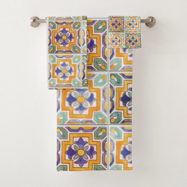 Toalla de mosaico azul-verde-naranja (In situ)