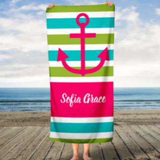 Toalla de nombre personalizada Aqua Lime Stripes A
