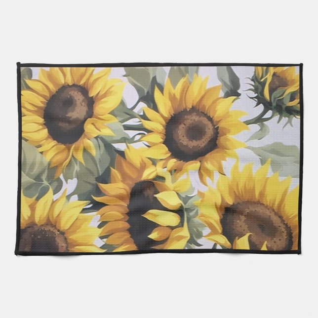 Toalla de plato de girasoles alegres (borde negro) (Horizontal)