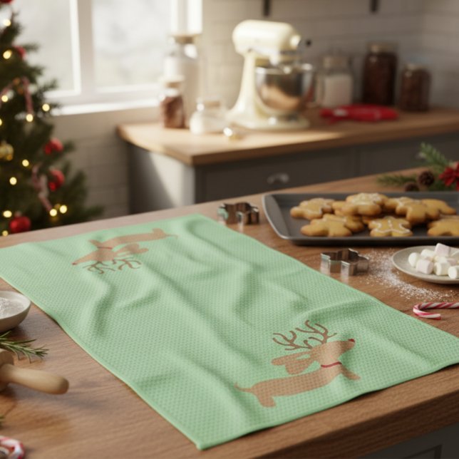 Toalla de plato verde del navidad del Dachshund (Dachshund Christmas dish towel for wiener dog holiday gifts)