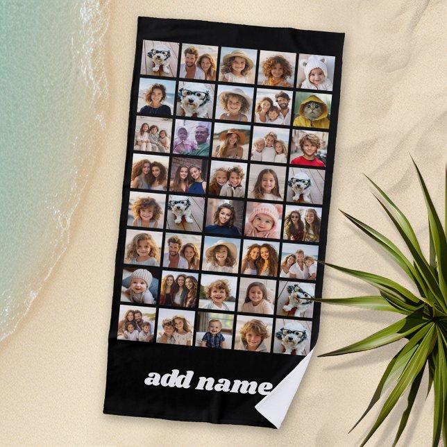 Toalla De Playa 40 Collage de fotos - 4 Filas 10 Columnas - Nombre (Personalized Beach Towel with Photos and Text)