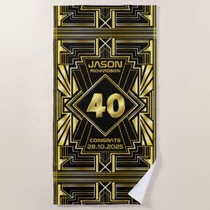 Toalla De Playa 40 cumpleaños Art Deco Oro Gran Gatsby Negro