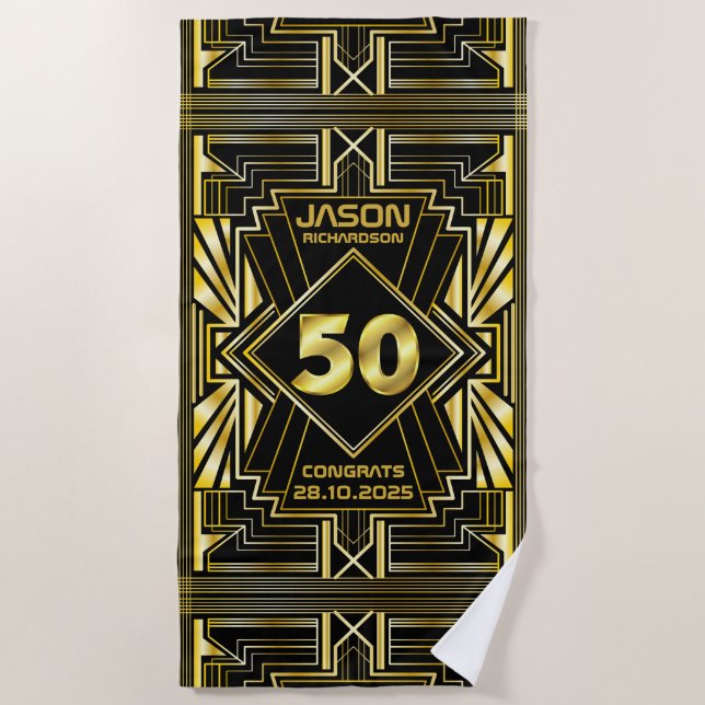 Toalla De Playa 50 cumpleaños Art Deco Gold Black Great Gatsby (Anverso)