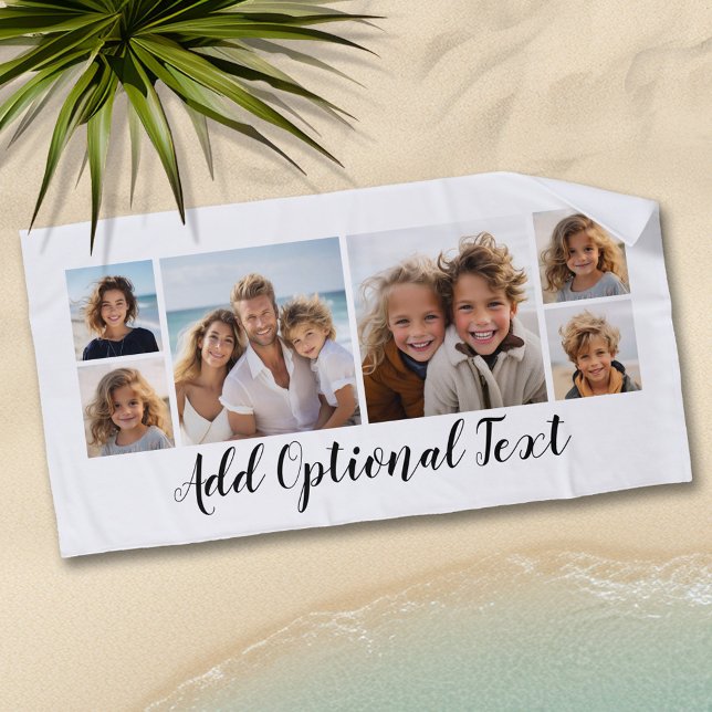 Toalla De Playa 6 Collage de fotos Personalizado Script Textos Bla (Personalized Beach Towel - Add Photos and Text)