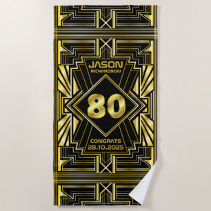 Toalla De Playa 80 cumpleaños Art Deco Oro Gran Gatsby Negro