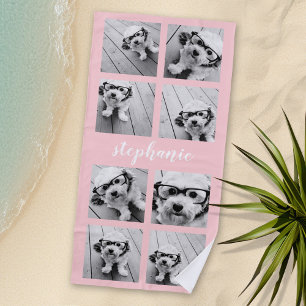 Toalla De Playa 8 Collage de fotos - Nombre manuscrito Rubor Rosa