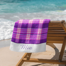 Toalla de playa a cuadros rosa púrpura personaliza