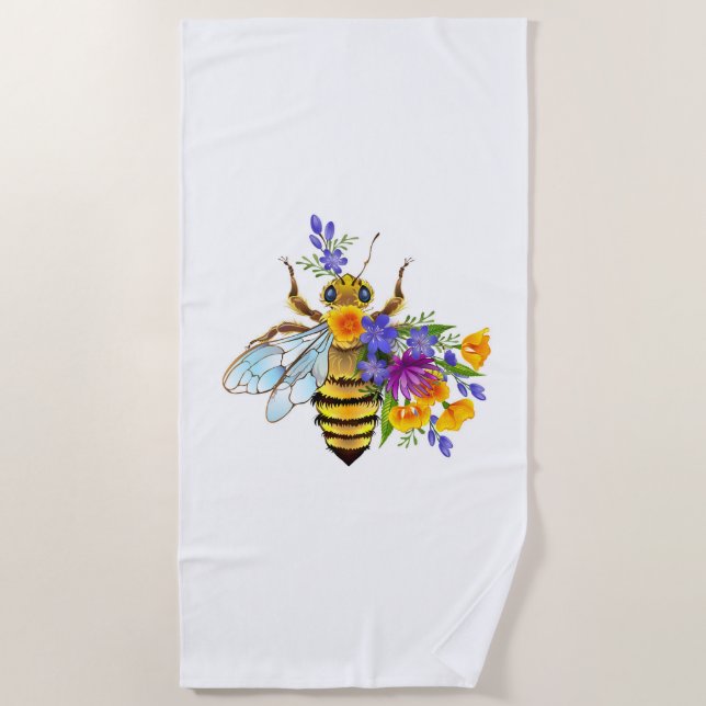 Toalla De Playa Abeja de flor con plantas silvestres (Anverso)