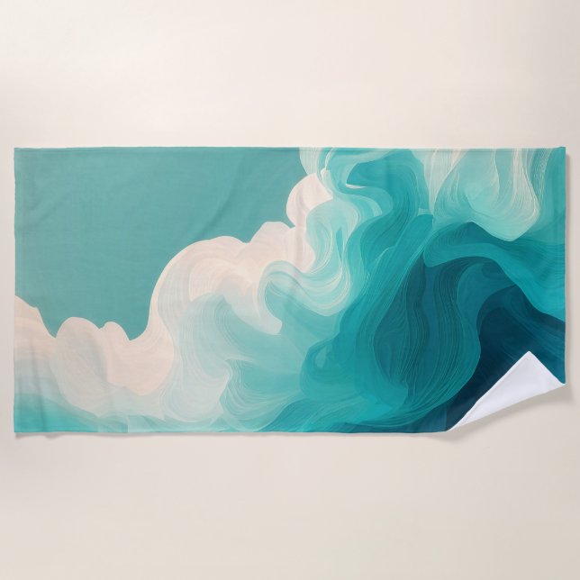 Toalla De Playa Abstract Teal and White Flowing Waves (Anverso)