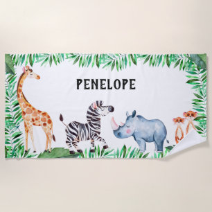 Toalla De Playa Acuarela animal personalizada del safari de los