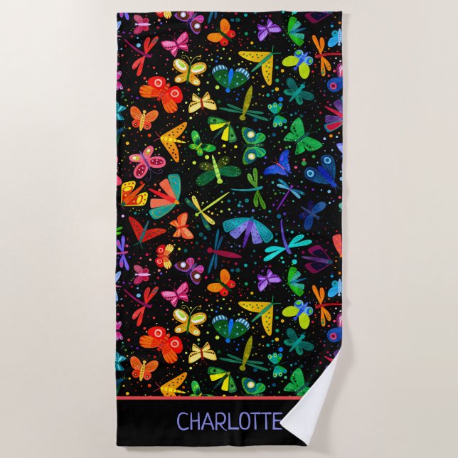 Toalla De Playa Acuarela Arcoiris Mariposas Niños Personalizados (Anverso)