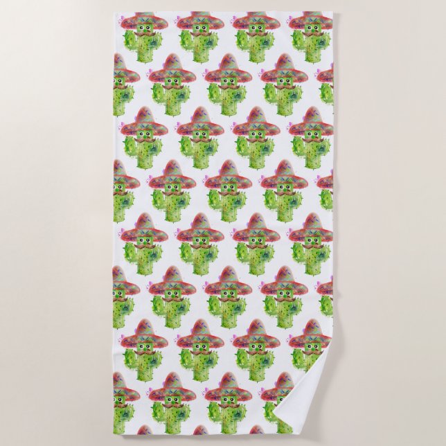 Toalla De Playa Acuarela Cactus Art Mustache Gorras Ojos Verde (Anverso)