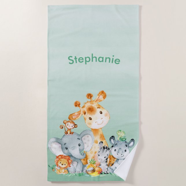 Toalla De Playa Acuarela Cute Safari Jungle Animales (Anverso)