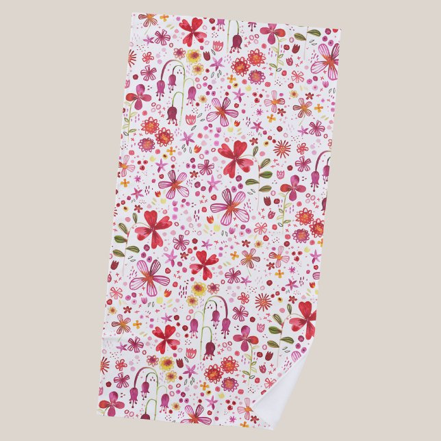 Toalla De Playa Acuarela de Flor Silvestre (Modern watercolor floral pink and white art beach towel)