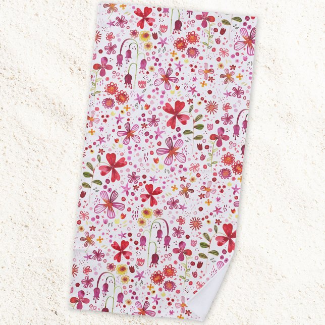 Toalla De Playa Acuarela de flores silvestres (Modern watercolor floral pink and white art beach towel)