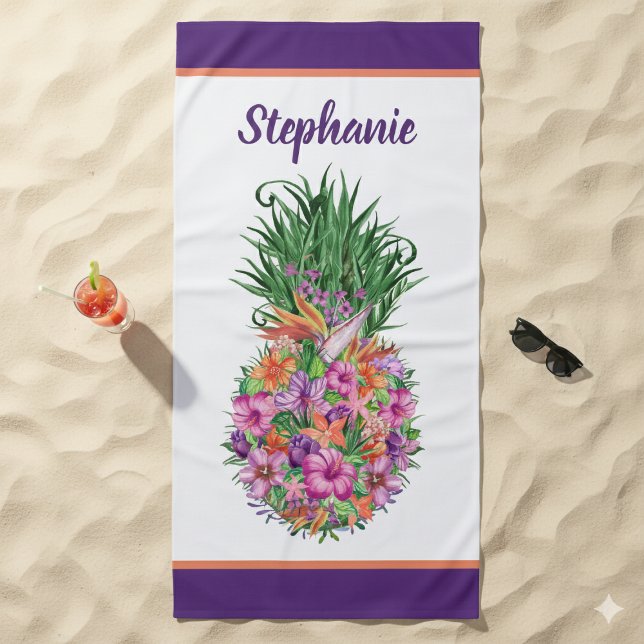 Toalla De Playa Acuarela de piña tropical floral personalizada (Personalized Tropical Floral Pineapple Watercolor Beach Towel)