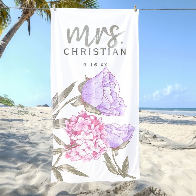 Toalla De Playa Acuarela Floral Sra Fecha (Watercolor Floral Mrs Date Beach Towel)