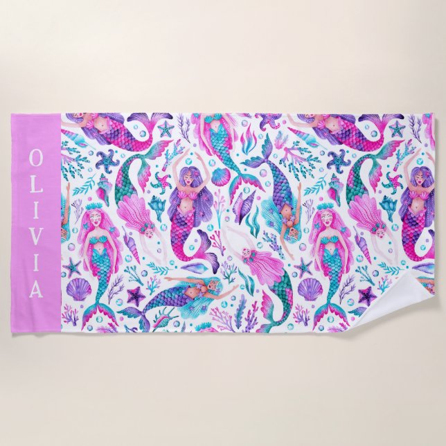 Toalla De Playa Acuarela Mermaids Estanques marítimos + Starfish (Anverso)