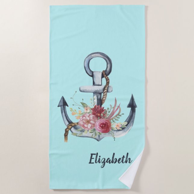 Toalla De Playa Acuarela Nautical Anchor Floral (Anverso)