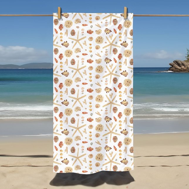 Toalla De Playa Acuarelas de conchas marinas (Watercolor seashells pattern beach towel.)