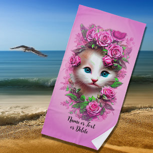 Toalla De Playa Add Name Text, Cute Shabby Chic Kitten, Pink Roses