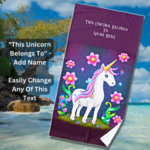 Toalla De Playa Add Name Text, Unicorn with Flowers on Purple