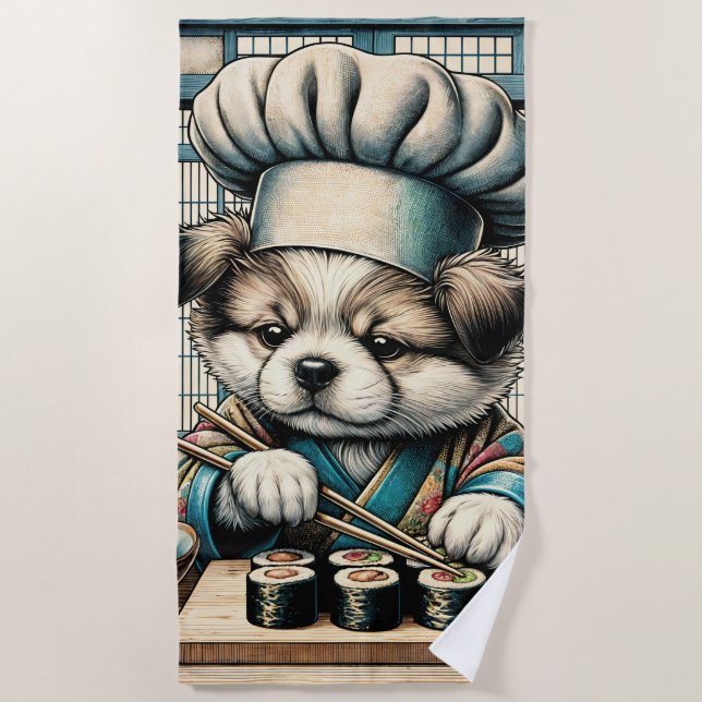 Toalla De Playa Adorable Sushi Chef Puppy (Anverso)