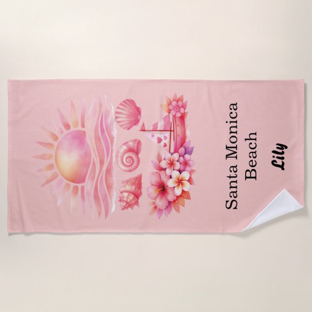 Toalla De Playa Aesthetic Pink Beach Sunset Watercolor (Anverso)
