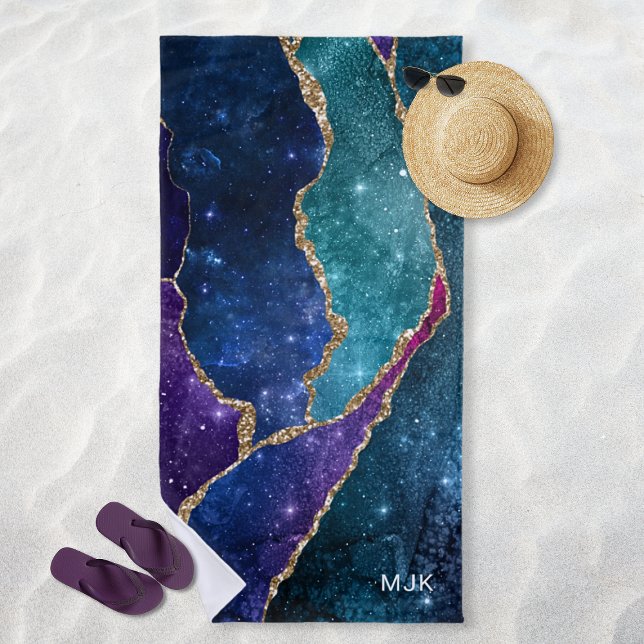 Toalla De Playa Agate Blue Purple Aqua Gold Veis Monograma (Agate Blue Purple Aqua Gold Veins Monogram Beach Towel)