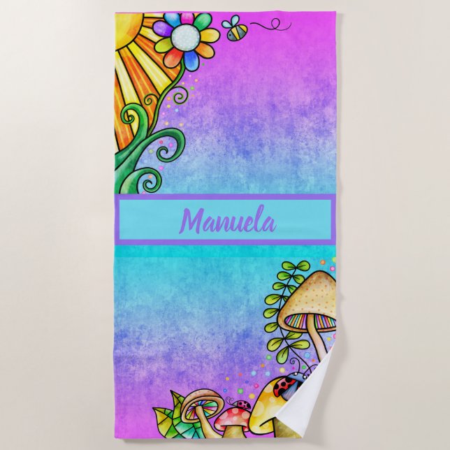 Toalla De Playa Agua azul rosada caliente con Doodles soleados en  (Anverso)