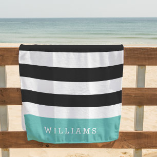 Toalla De Playa Aguamarina Banda blanca y negra personalizada