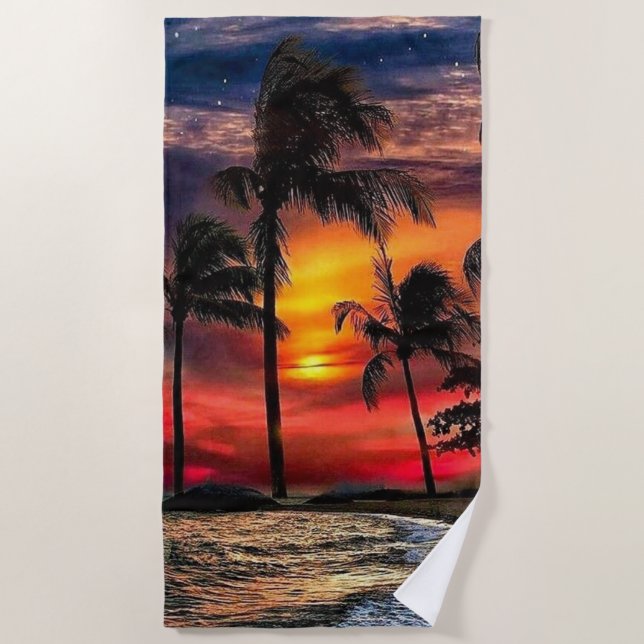 Toalla de playa al atardecer con el océano y palme (Anverso)
